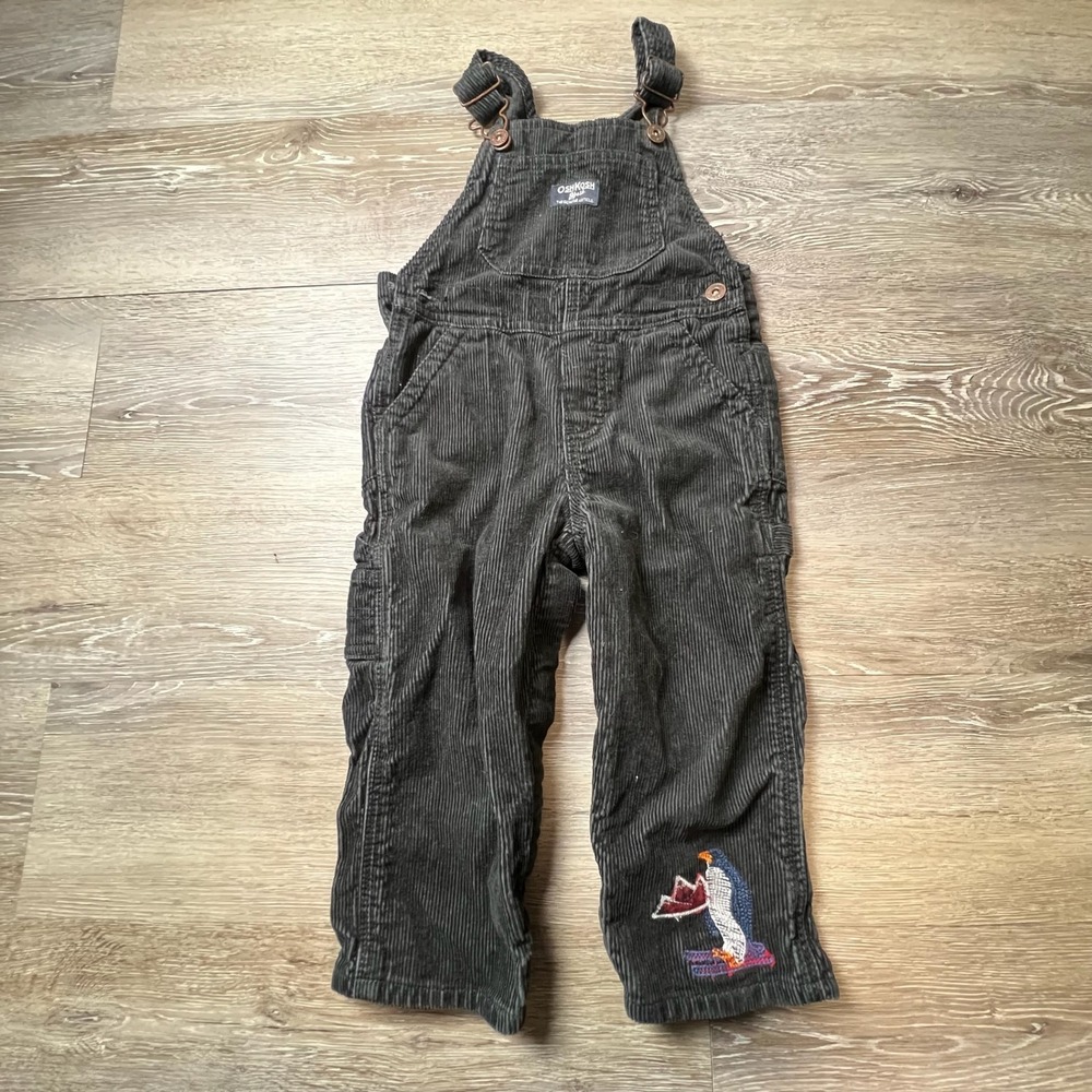 OshKosh‎ Overalls Unisex 24M Black Corduroy Penguin Embroidered Skiing Vintage